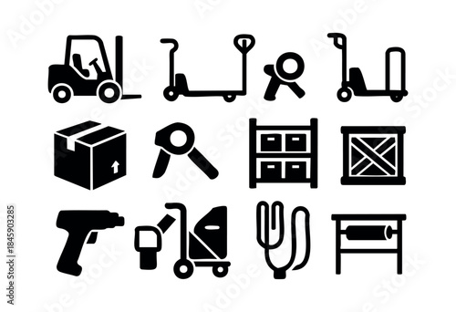 A comprehensive set of black silhouette icons representing logistics, delivery, warehousing, and supply chain operations on a clean white background — stock vector.