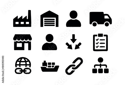 A comprehensive set of black silhouette vector icons representing various aspects of supply chain, logistics, manufacturing, and business operations for modern industries — stock vector.