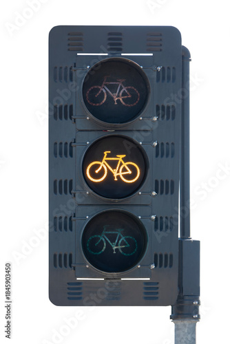 Bike shaped bicycle path yellow traffic signal intersection crosswalk light.  Isolated with cut out background.