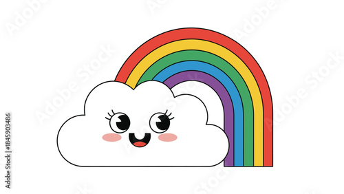 A cute cartoon white cloud with a happy face and rosy cheeks next to a vibrant rainbow with red, orange, yellow, green, blue, and purple colors.