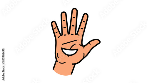 A cartoon illustration of a human hand with palm lines, one of which forms a smiling face, on a white background.