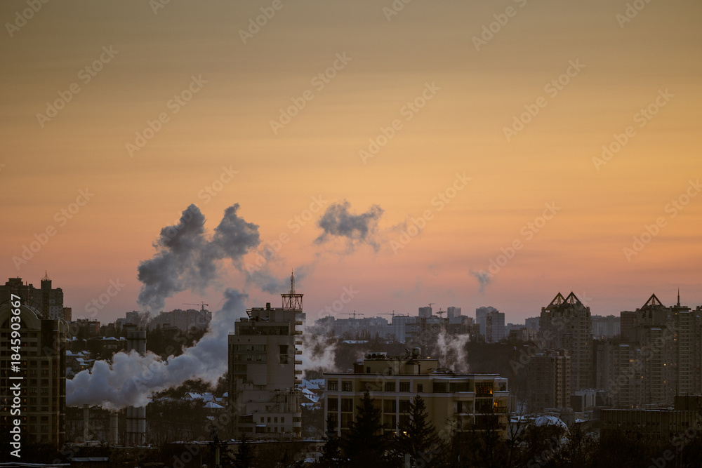 Fototapeta premium Kyiv Evening Skyline Industrial Steam Zhylianska Street