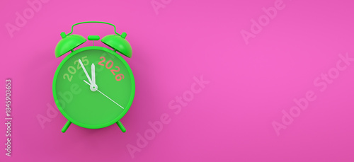 Vinatge Alarm clock turning 2025 into 2026 shows the New Year countdown of time transition, future planning, celebration and year end change while 2025 fading away
