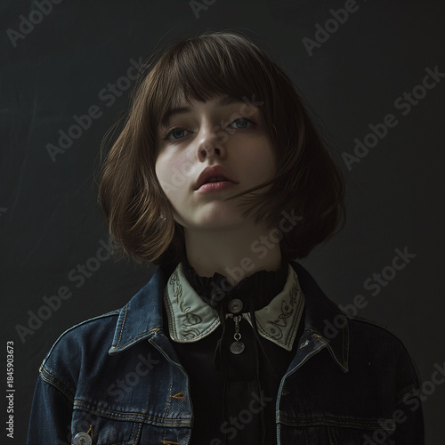 Moody close-up portrait of a young woman with short bob haircut wearing dark outfit and denim jacket