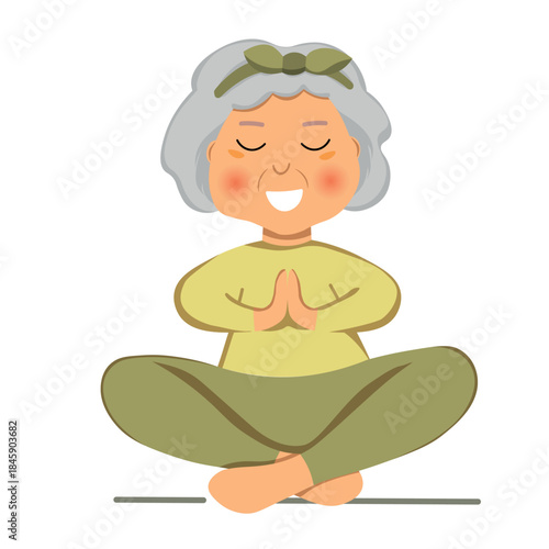 Sporty Granny does Yoga. Old person. Vector colorful cartoon illustration. Senior woman in pose yoga. Exercising for better health. Isolated flat image. Grandma. Grandmother character.