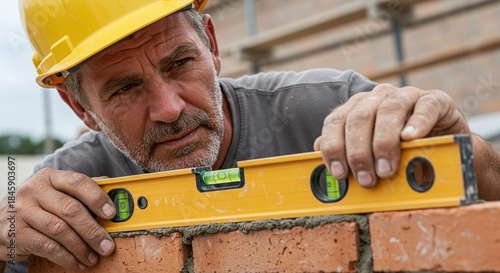 Bricklayer's hands using a spirit level to check the alignment of a brick wall.Concept of construction precision and quality craftsmanship.