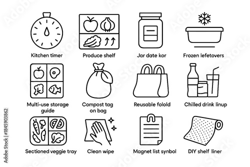 Vector mindful icon sectioned bag frozen date fridge marker lineup tracker icons