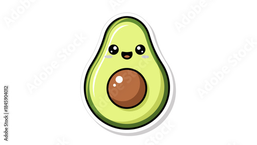 Cute cartoon avocado with a happy smiling face and big eyes, featuring a brown pit, on a white background.