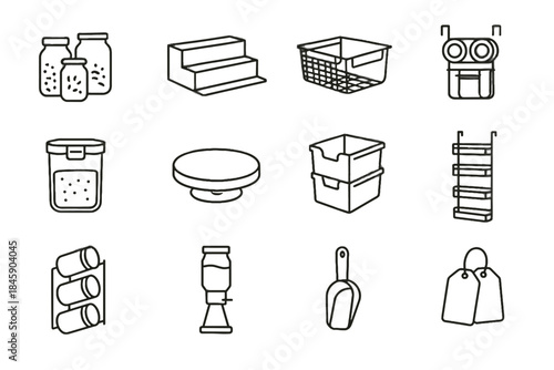 Vector pantry rack container dispenser minimalist goods turntable shelf labeled riser icons