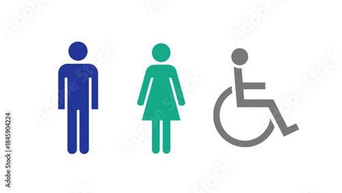 Three universal restroom and accessibility symbols on a white background, featuring male, female, and wheelchair icons.