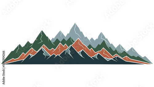Stylized layered mountain range with multiple peaks in a natural color palette.