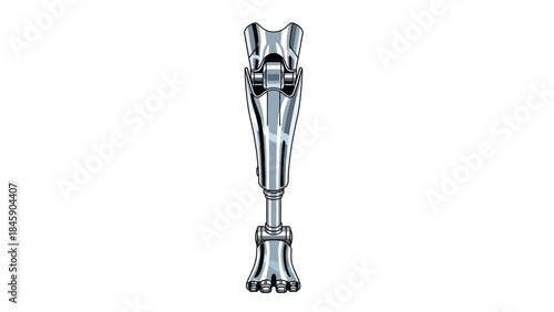Detailed illustration of a futuristic metallic robotic prosthetic leg, isolated on white background.