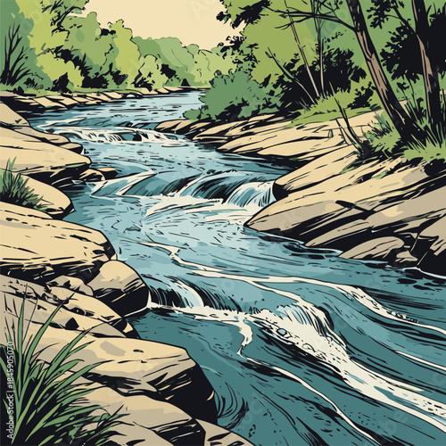 Vector illustration of a river, drawn in a bold American comic style with bold, expressive lines
