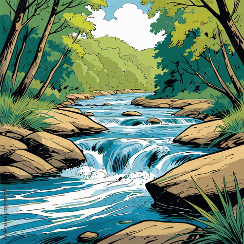 Vector illustration of a river, drawn in a bold American comic style with bold, expressive lines