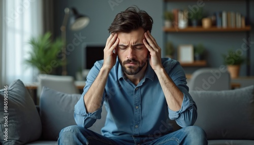 Young man sits on couch, clutches head, looking stressed and worried. He has problems, feels pain and anxiety. Needs help with mental health issues, work pressure or life crisis. © miss irine