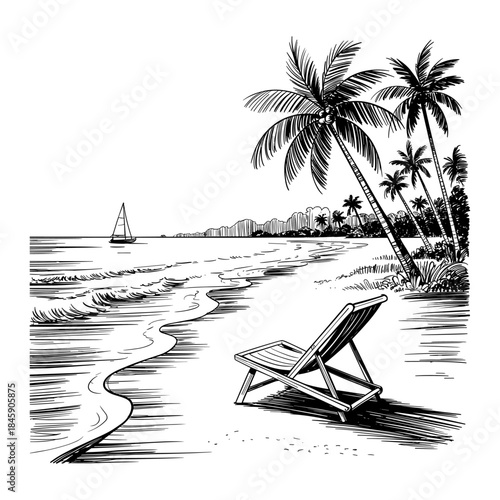 Big set of summer time theme elements 2026. Palm trees, sun, shells, hat, flip flops, birds, beach chair, swimsuit. Travel design. Adventure. Hand drawn vector sketch  illustration