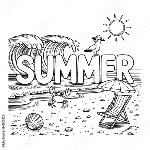 Big set of summer time theme elements 2026. Palm trees, sun, shells, hat, flip flops, birds, beach chair, swimsuit. Travel design. Adventure. Hand drawn vector sketch  illustration