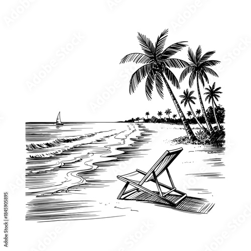 Big set of summer time theme elements 2026. Palm trees, sun, shells, hat, flip flops, birds, beach chair, swimsuit. Travel design. Adventure. Hand drawn vector sketch  illustration