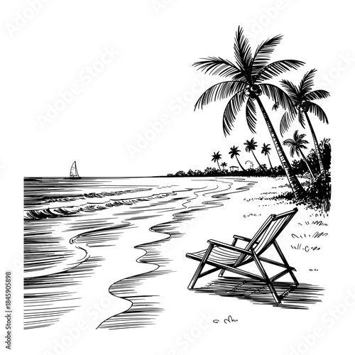 Big set of summer time theme elements 2026. Palm trees, sun, shells, hat, flip flops, birds, beach chair, swimsuit. Travel design. Adventure. Hand drawn vector sketch  illustration