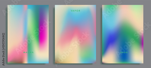 Abstract vector posters display soft blurred gradients with fluid organic shapes in neon hues of blue, green, pink, purple, and yellow. Futuristic neon and holographic gradient designs.