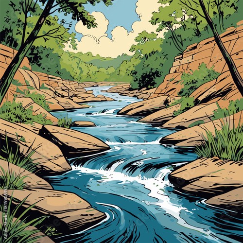 Vector illustration of a river, drawn in a bold American comic style with bold, expressive lines