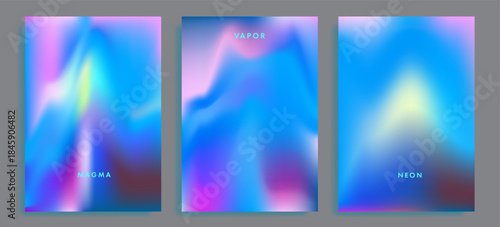 Three blue-toned abstract vector posters display soft blurred gradients with wave-like fluid shapes in neon hues of blue, purple, pink, and cyan, labeled "MAGMA," "VAPOR," and "NEON."