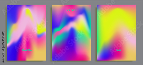 Vibrant abstract vector posters feature soft blurred gradients with fluid, wave-like organic shapes in neon colors of pink, purple, blue, cyan, and yellow. Vaporwave aesthetics, neon gradient design.