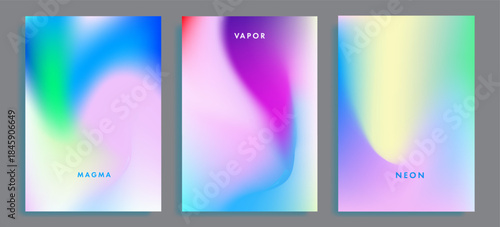 Three blue and purple toned abstract vector posters display soft blurred gradients with wave-like fluid shapes in neon hues of blue, purple, pink, and cyan, labeled "MAGMA," "VAPOR," and "NEON."