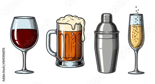 Drinks assortment: red wine draft beer with foam cocktail shaker and bubbly champagne glass