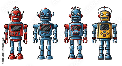 Retro robots standing side-by-side radiating charm and nostalgia