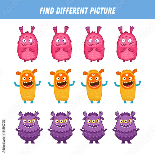 Find different monster each row. Logical game for kids. Cartoon monster. Flat illustration. Vector
