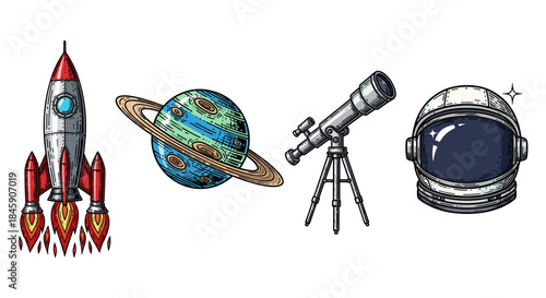 Space Exploration: Rocket launch planet view telescope observation astronaut helmet 