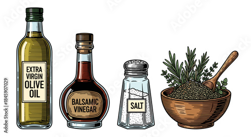 Assorted condiment ingredients arranged to enhance flavors featuring oil vinegar herbs and salt