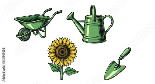 Gardening icons set with wheelbarrow, watering can, sunflower and hand shovel, cartoon style
