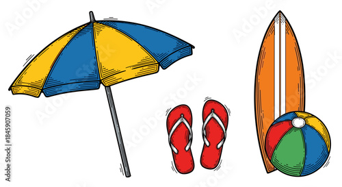 Beach day vector art featuring a beach umbrella surfboard beach ball and a pair of flip-flops