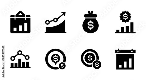 Finance and growth icons set with charts, money bag and dollar symbols representing profit, investment and financial analytics, minimalist style
