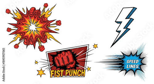 Comic action elements set with explosion, fist punch, lightning bolt and speed lines, pop art style
