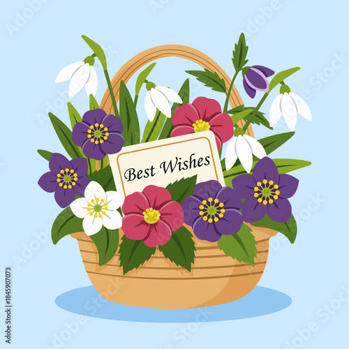 Illustration of a basket with a winter bouquet and a business card "Best Wishes"