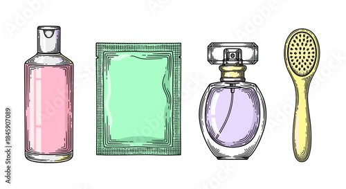 Beauty and personal care icons set with lotion bottle, cosmetic sachet, perfume and hairbrush, cartoon style
