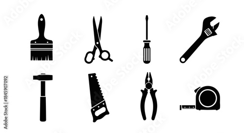 Tools outline icons with adjustable wrench pliers measuring tape hammer paint brush saw