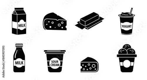 Dairy product icons set with milk, cheese, butter, yogurt, sour cream and ice cream, minimalist style
