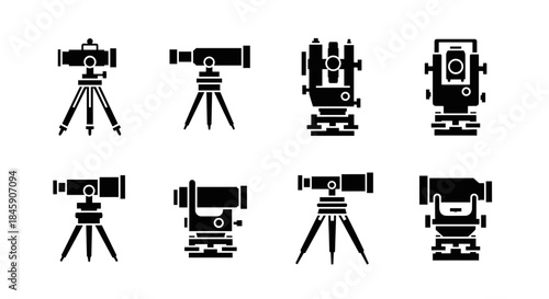 Surveying instruments on tripods meticulously arranged in a technical monochrome layout