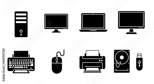 Set of black computer and hardware icons with desktop, monitor, laptop, keyboard, mouse, printer, hard drive and USB flash drive, minimalist style
