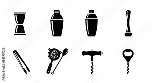 Set of black bartending tool icons with shaker, jigger, muddler and corkscrew, minimalist style
