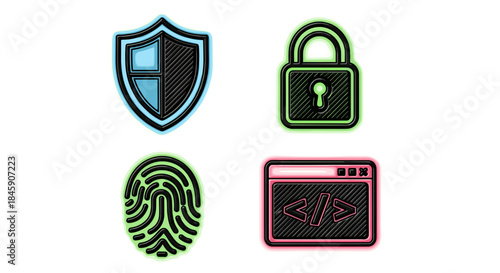 Cybersecurity icons including a lock shield fingerprint and computer code