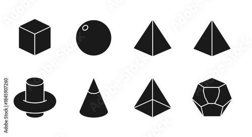 Geometric shapes: Cube sphere pyramids cylinder with toroid cone tetrahedron icosahedron
