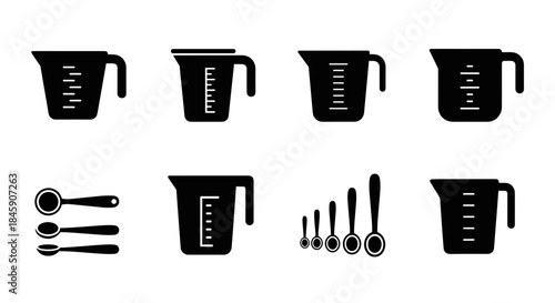 Set of black measuring cup and measuring spoon icons, minimalist style
