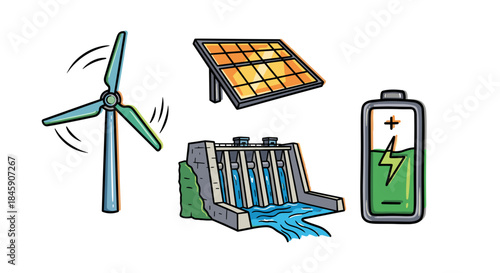 Set of renewable energy icons with wind turbine, solar panel, hydroelectric dam and battery, cartoon style
