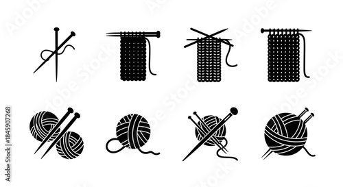Set of black knitting needles, yarn balls and knitted fabric icons, minimalist style
