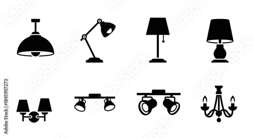Variety of lamp styles: desk lamp ceiling light chandelier and sconce all in silhouette